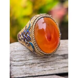 Vintage Chinese Filigree Carnelian Ring Size 5, Adjustable Colorful Enamel Ring